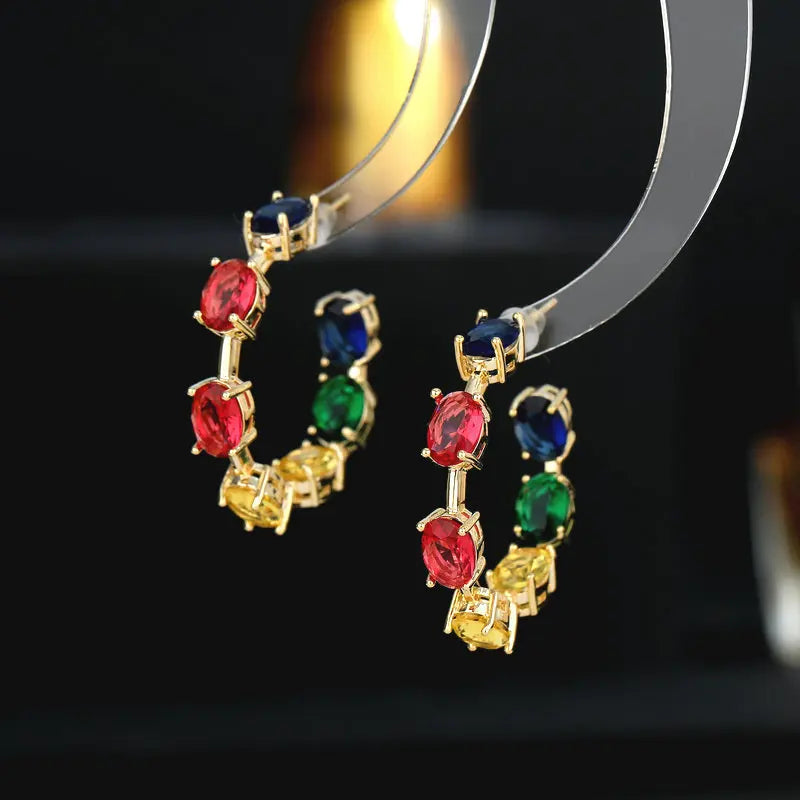 Bilincolor Simple New Oval Large Zircon Earrings with C-ring Inlaid Inside and Outside for Women  or Girl ’Gift