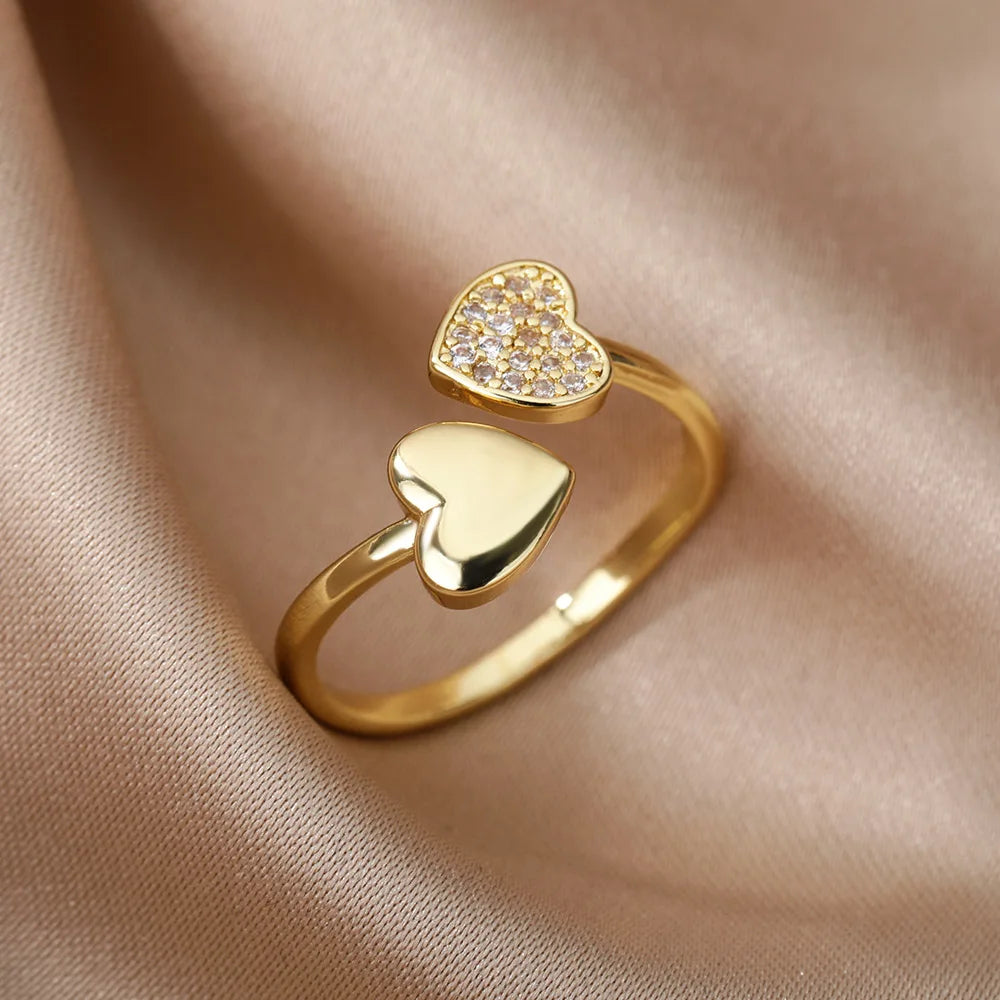 Heart Zircon Rings for Women Open Adjustable Stainless Steel Ring Gold Color Romantic Wedding Couple Aesthetic Jewelry anillos