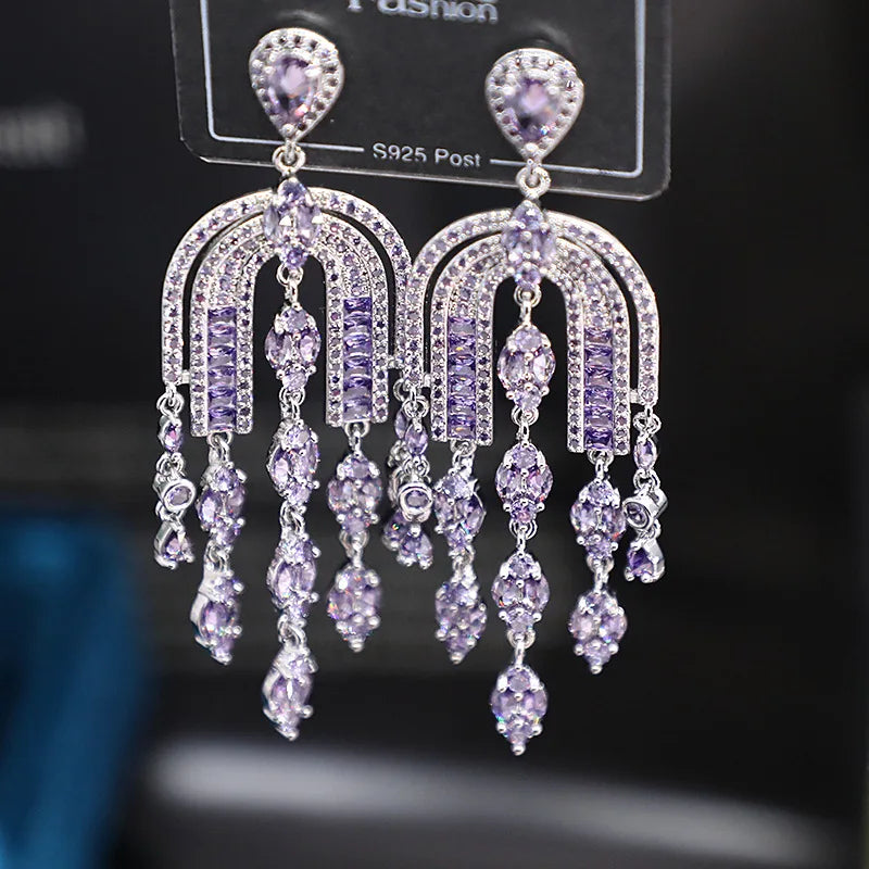 Bilincolor Micro Set Ppurple Zircon Tassel Earrings for Women