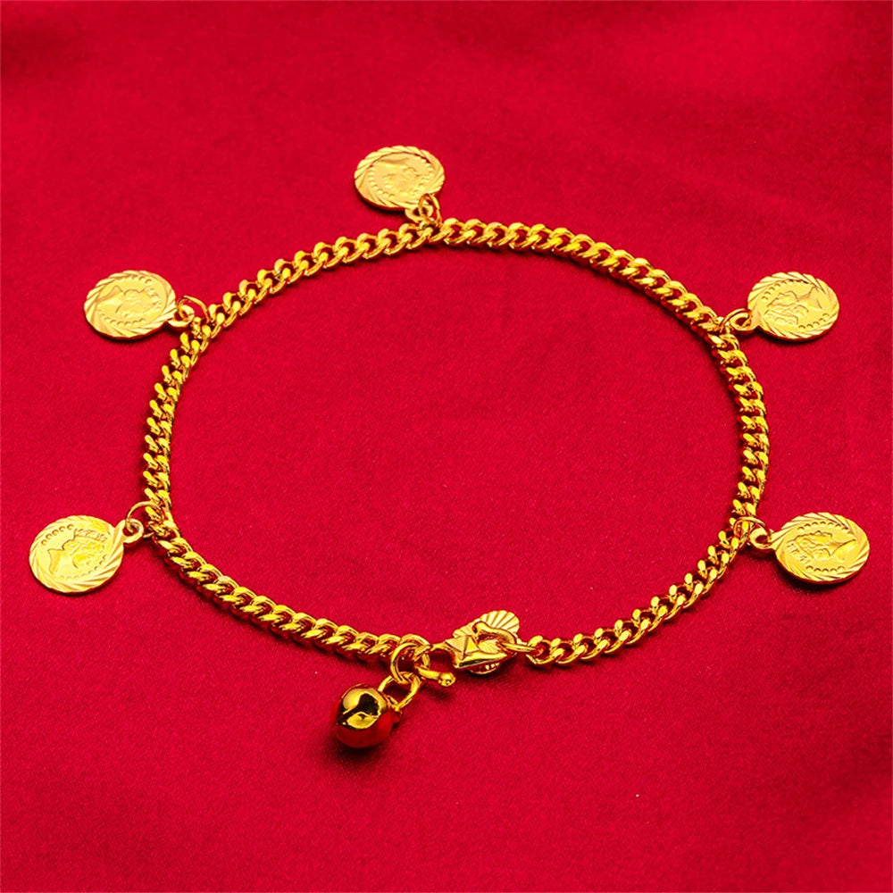 Women's Hand Bracelets Gold Color Round Coin Charm Bracelet Chain 18.5cm Pulsera Femme Wristband Retro Jewelry Accessories Gifts