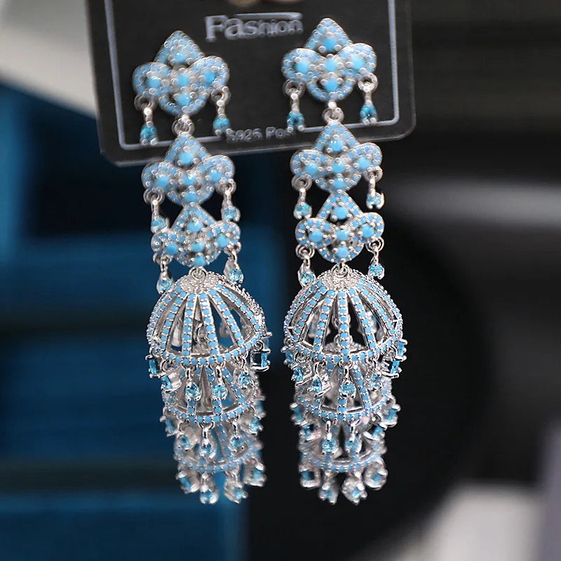 Bilincolor Micro Set Zircon Flower Wind Chime Tassel Earrings