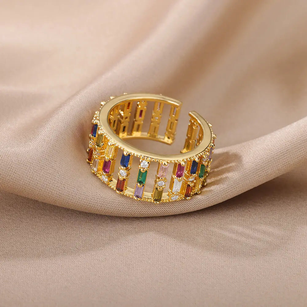 Luxury Colorful Zircon Rings for Women Open Stainless Steel Gold Plated Couple Ring Eternity Promise Wedding Jewerly anillos