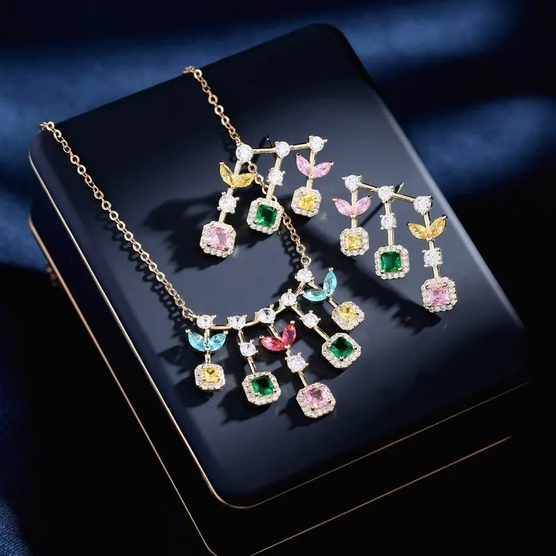 Bilincolor Colorful Micro Zircon Earrings and Necklace，Olive Branch Jewelry Set for Gift