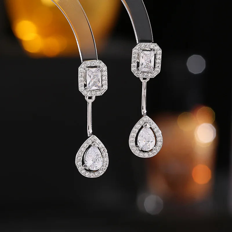 Bilincolor New Square Water Drop Zircon Earrings Collar Chain Jewelry Set for Gift