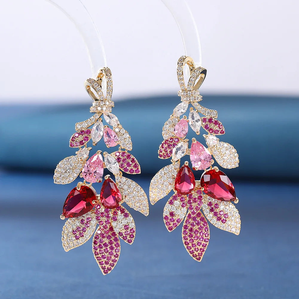 Bilincolor Luxury  Water Drop Zircon Leaf Flower Earrings for Wedding or Party