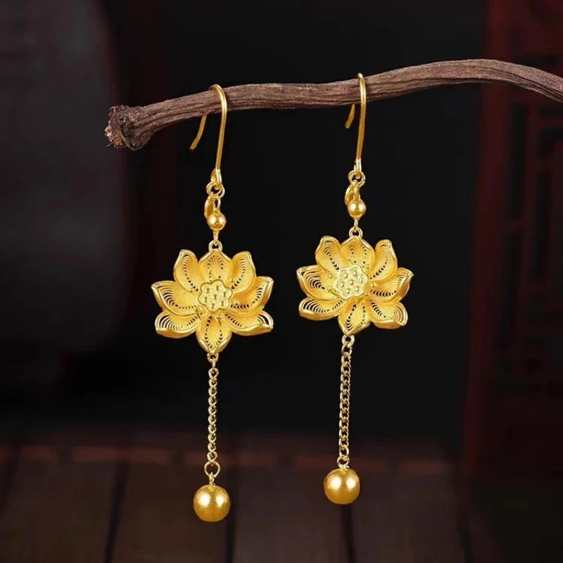 24k Gold Color Lotus Big Flower Long Tassel Earrings for Women Wedding Jewelry Accessories Wholesale Gifts