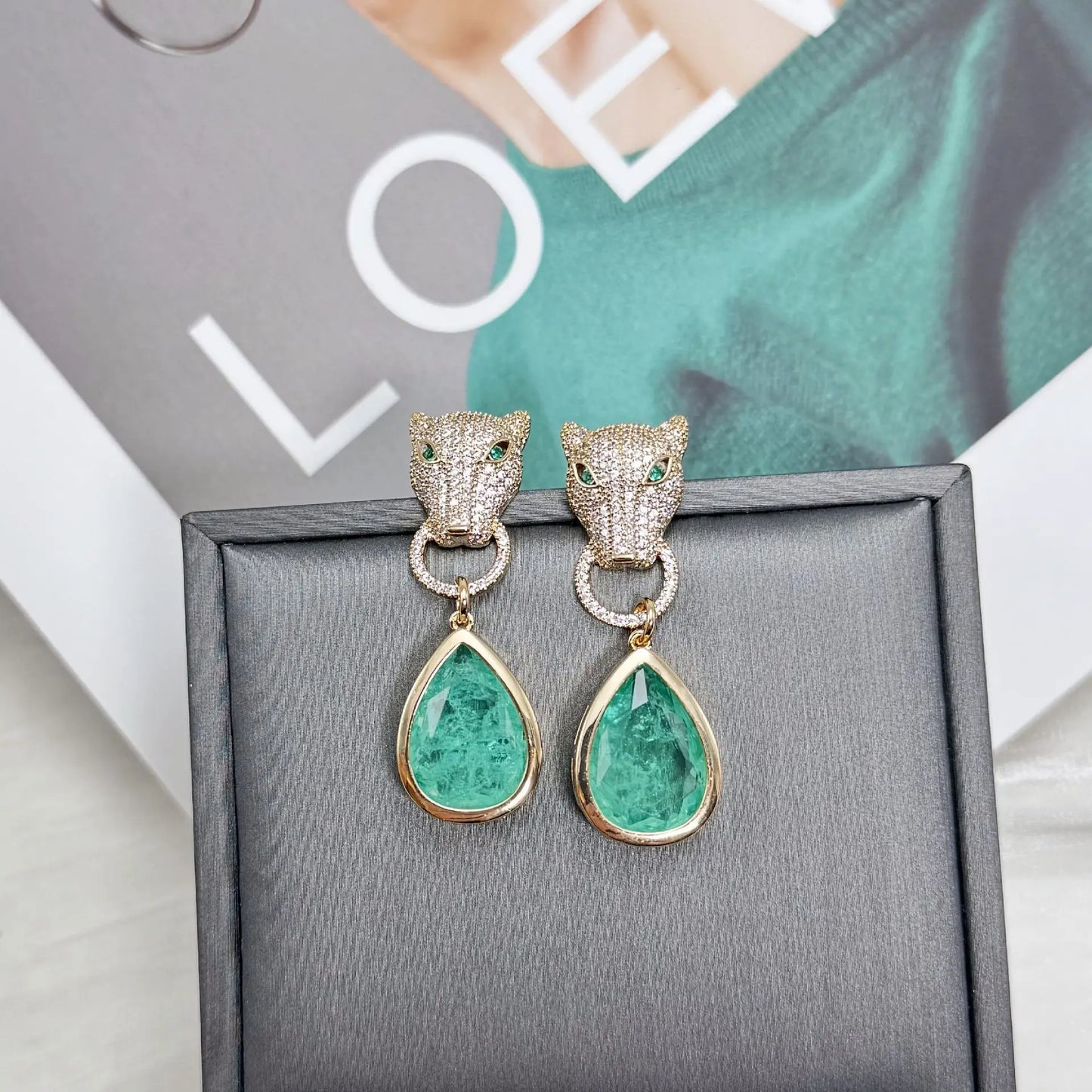 Bilincolor Leopard Head Drop-shaped Colored Zircon Earrings For Women