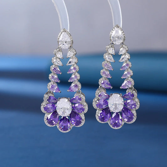 Bilincolor Luxury Floral Small Fresh Purple Zircon Drop Shaped Geometric Earrings for Wedding or Party