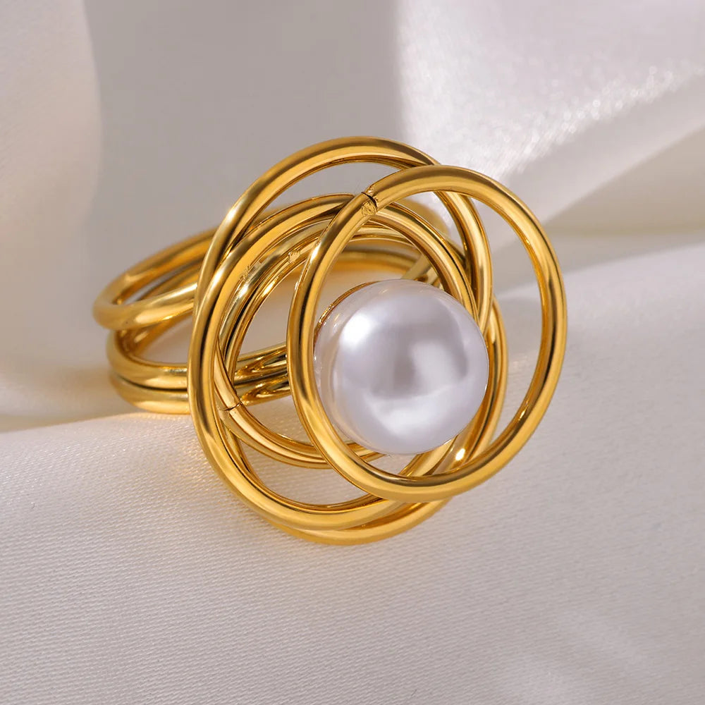 Wrap Pearl Rings for Women Gold Color Stainless Steel Ring 2024 Trend New Geometric Cross Finger Band Couple Aesthetic Jewelry