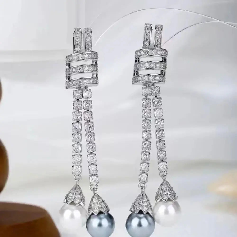 Bilincolor  Fashionable Zircon Tassel Pearl Earrings for Women