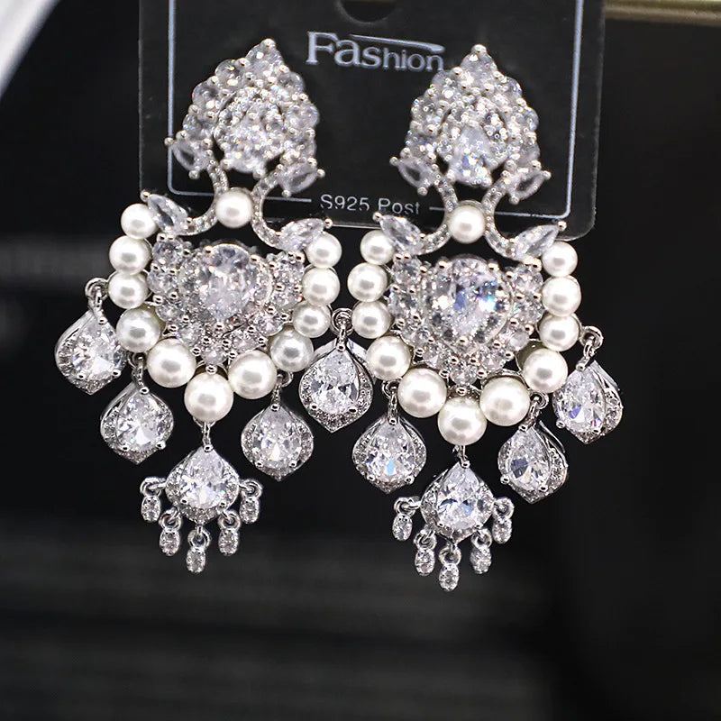 Bilincolor Micro Set Zircon Water Drop Tassel Earrings  For Women