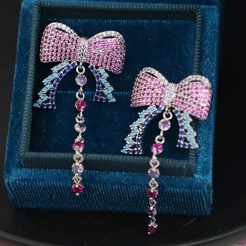 Bilincolor Sweet Bow Tassel Earrings Inlaid with Zircon for Women