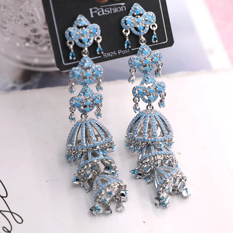 Bilincolor Micro Set Zircon Flower Wind Chime Tassel Earrings