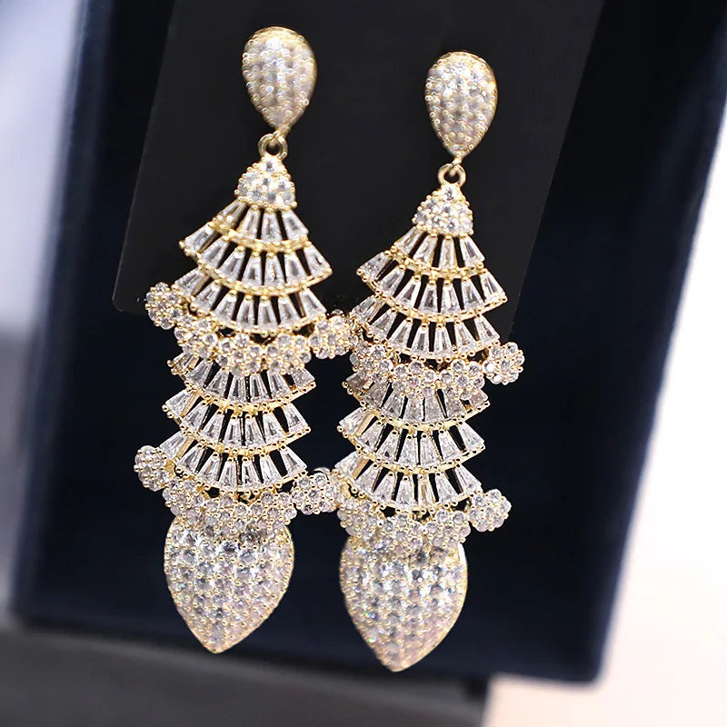 Bilincolor Fan Shaped Micro Inlaid Zircon Water Drop  Earrings for Women