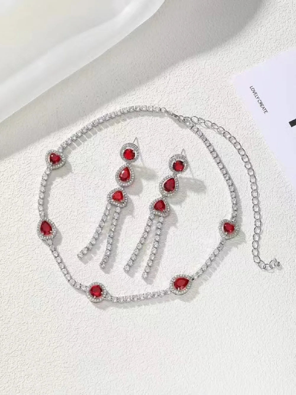 Bilincolor Light Luxury and Minimalist Red Zircon Chain Necklace Earrings for Women