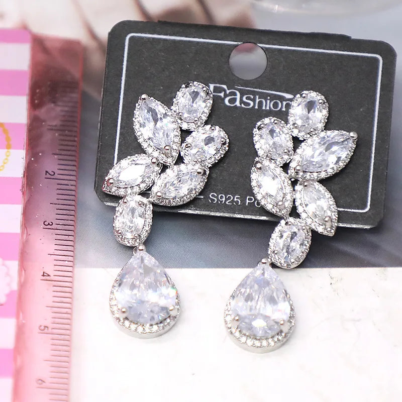 Bilincolor Micro Set Zircon Leaf Water Drop Earrings for Women