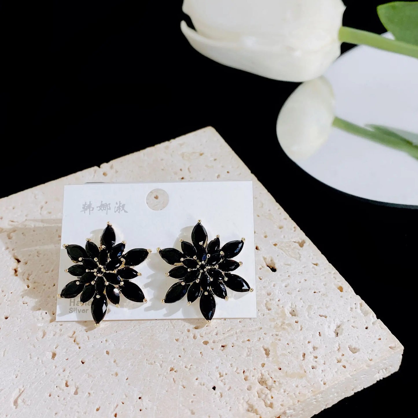 Bilincolor Luxury Black Zircon Snowflake Earrings For Gift  or Party