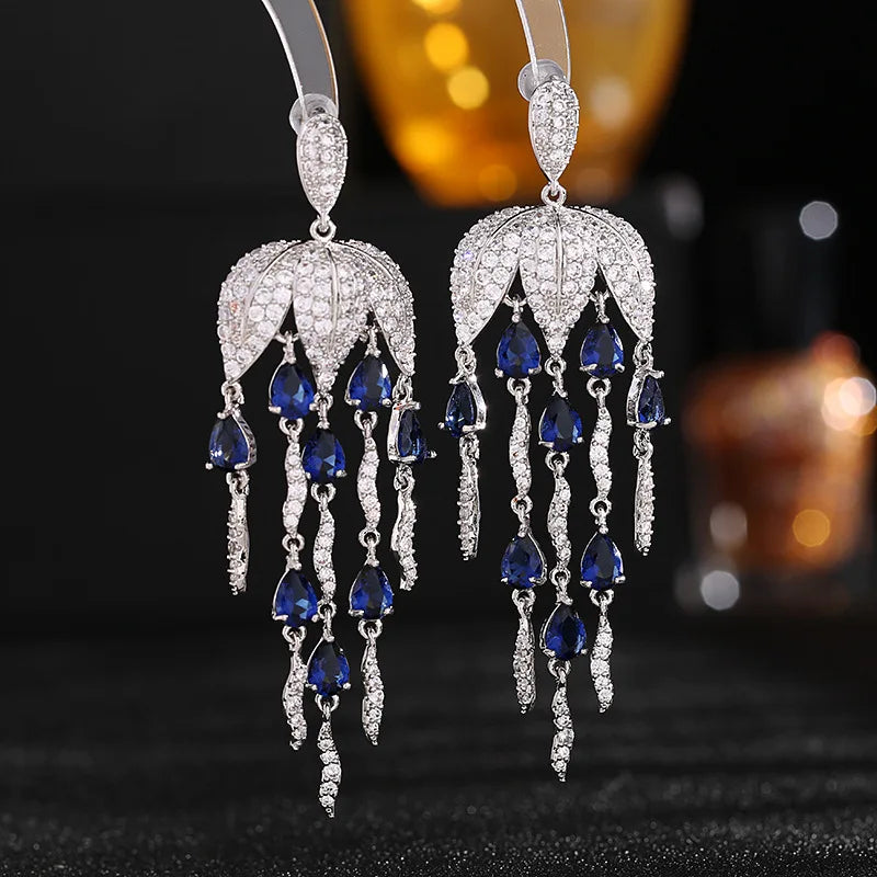 Bilincolor Luxury Colorful Zircon Inlaid Petal Water Drop Fringe Earrings  for  Wedding  or Party