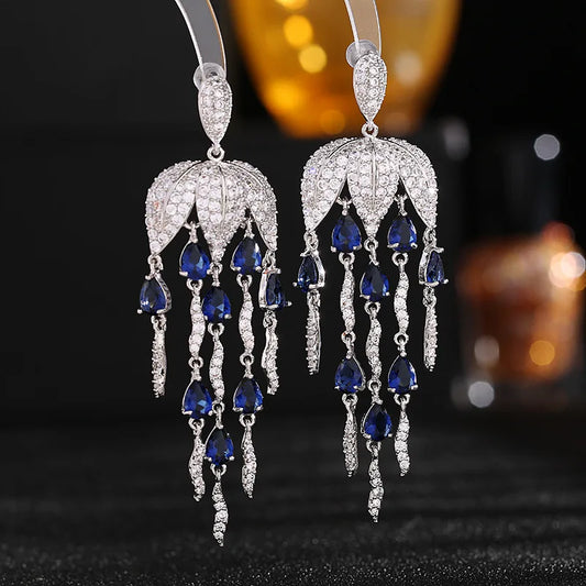 Bilincolor Luxury Colorful Zircon Inlaid Petal Water Drop Fringe Earrings  for  Wedding  or Party