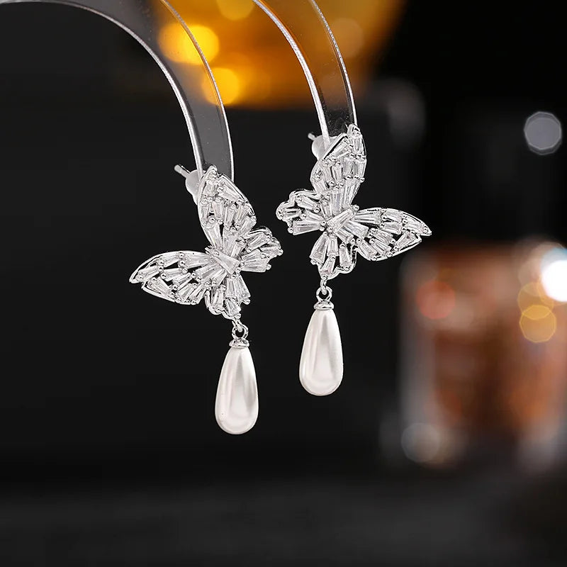 Bilincolor Simple Temperament Zircon Butterfly Pearl    Water Drop Earrings for Wedding or Party