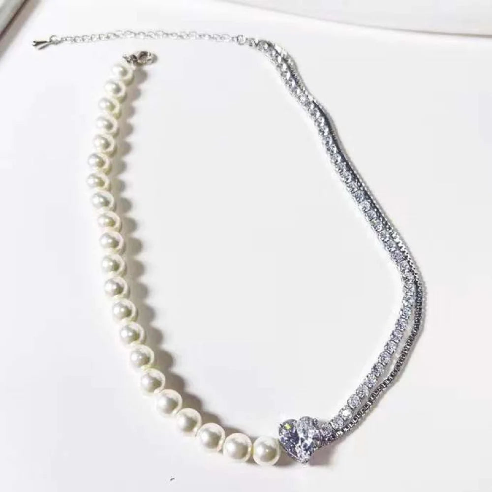 Bilincolor Designer's Light Luxury Pearl Zircon Splice Necklace and Earring for Women