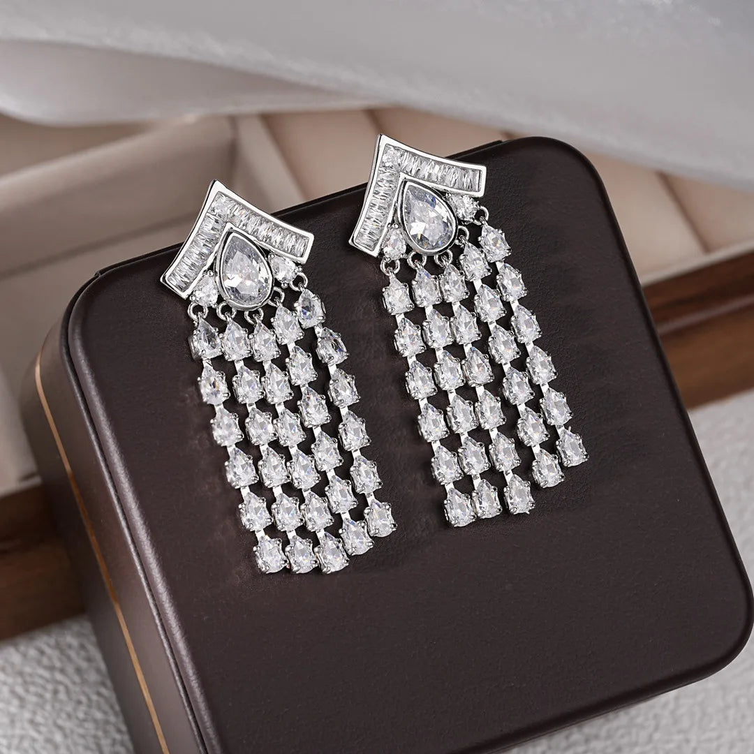 Bilincolor Droplet Shaped Zircon Tassel Earrings For Women