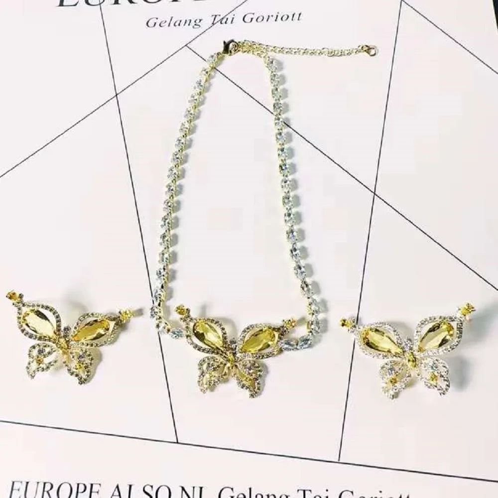 Bilincolor Light Luxury Micro Set Zircon Yellow Zircon Butterfly Necklace and Earrings for Women