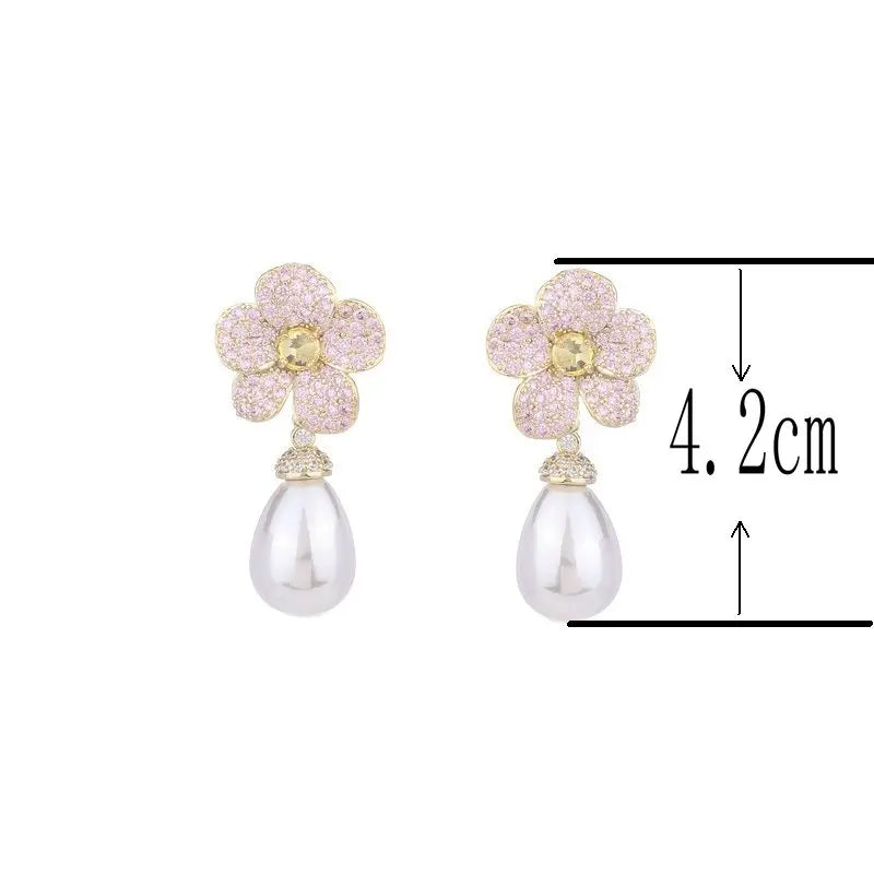 Bilincolor Fashion Pink Flower and White Pearl Earring for Women