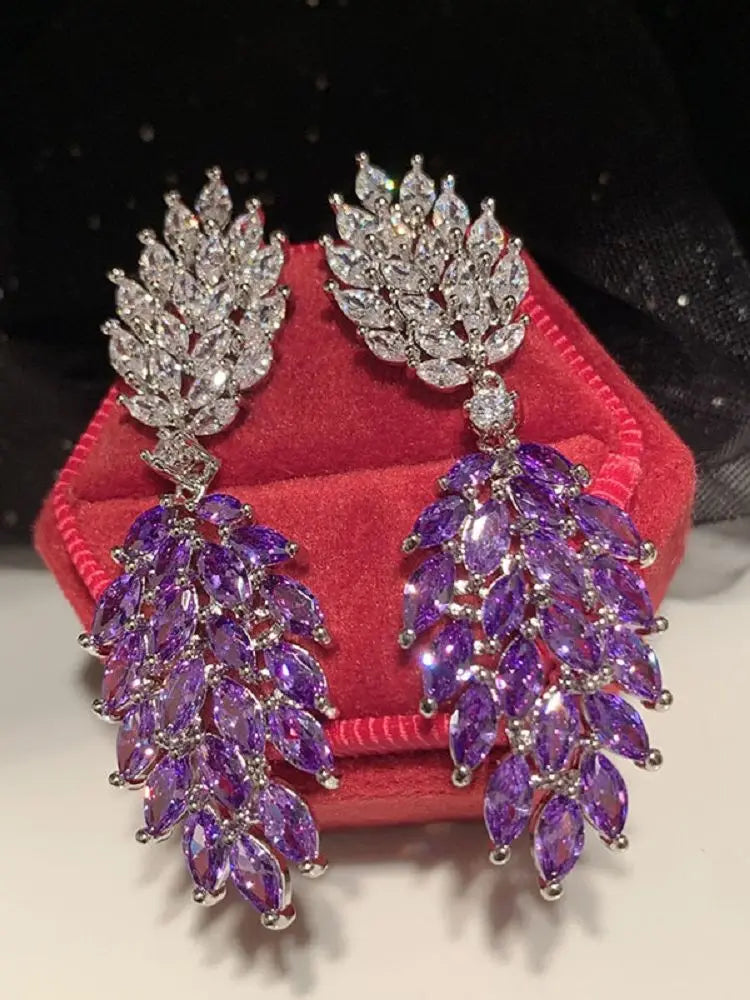 Bilincolor Purple Zircon Leaf Earrings  for Women