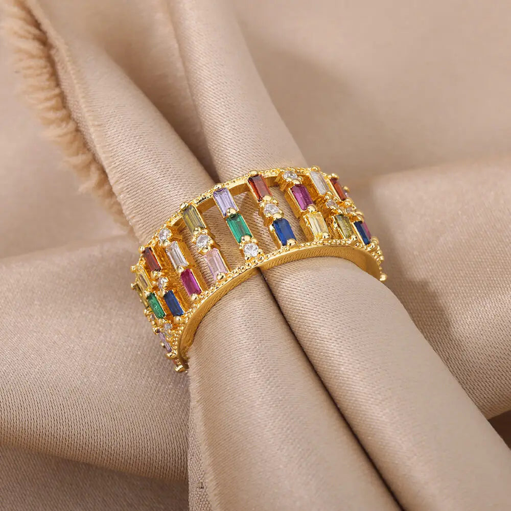 Luxury Colorful Zircon Rings for Women Open Stainless Steel Gold Plated Couple Ring Eternity Promise Wedding Jewerly anillos