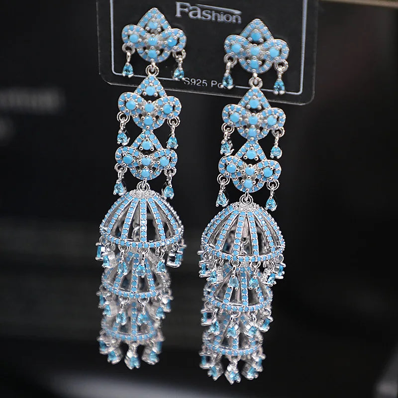 Bilincolor Micro Set Zircon Flower Wind Chime Tassel Earrings