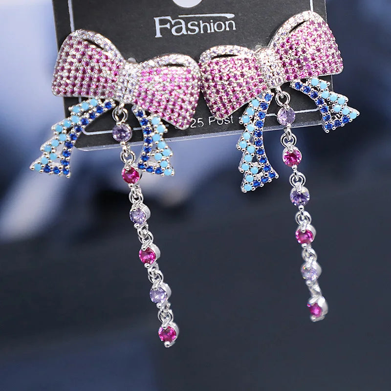 Bilincolor Sweet Bow Tassel Earrings Inlaid with Zircon for Women