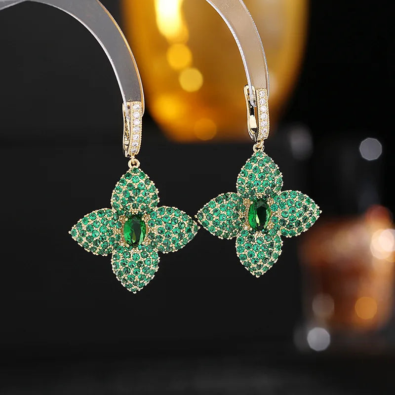 Bilincolor Luxury Zircon Four Leaf Flower Earrings for Gift