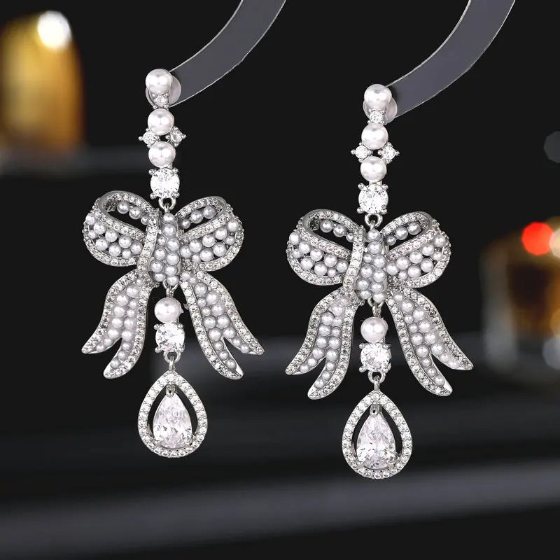 Bilincolor Romantic and Elegant Heavy Industry Water Drop Pearl Bow Earrings for Women