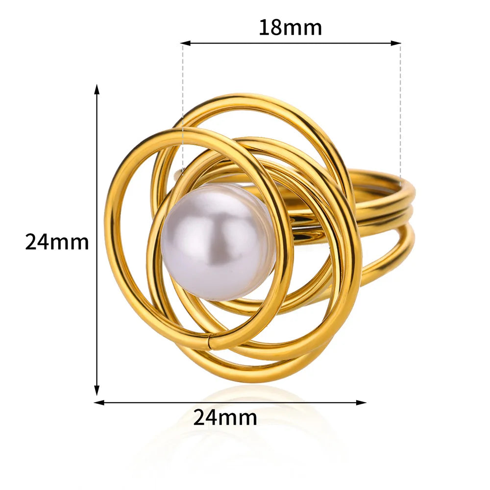 Wrap Pearl Rings for Women Gold Color Stainless Steel Ring 2024 Trend New Geometric Cross Finger Band Couple Aesthetic Jewelry