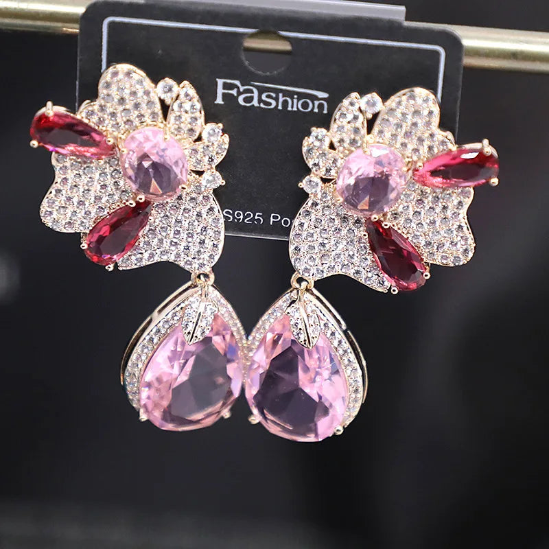 Bilincolor Micro Set Zircon Flower Transparent Water Drop Earrings for Women