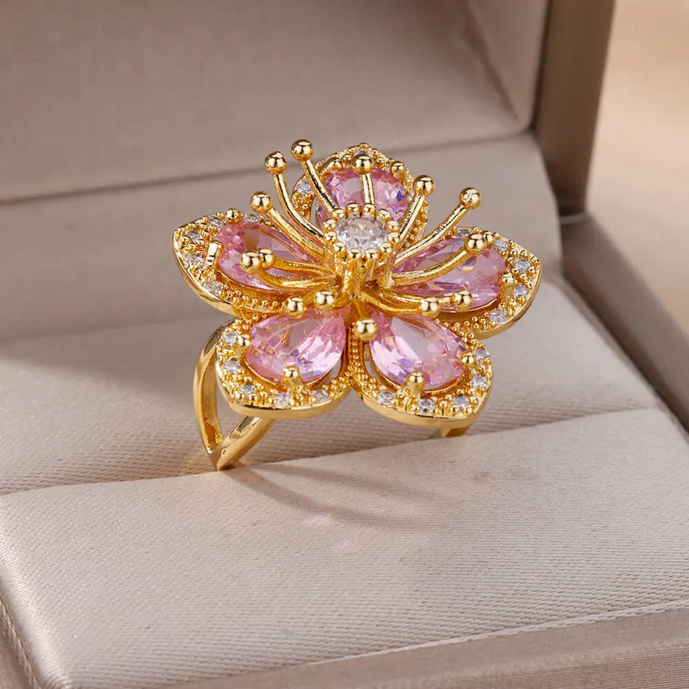 Pink Zircon Flower Rings for Women Gold Color Stainless Steel Ring 2024 Trend Elegant Floral Luxury Aesthetic Jewelry anillos