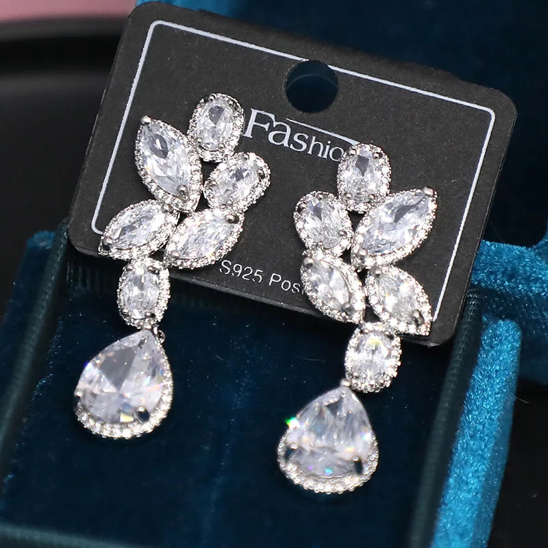 Bilincolor Micro Set Zircon Leaf Water Drop Earrings for Women