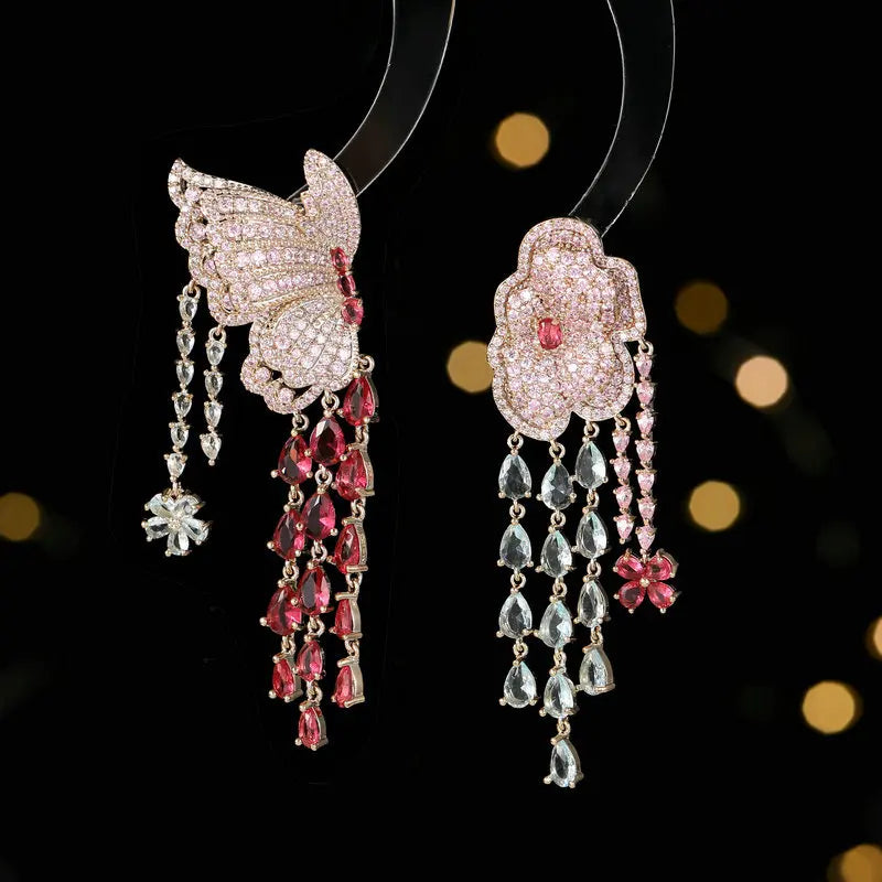 Bilincolor Luxury Zircon Butterfly Flower Tassel   Earrings for Wedding or Party