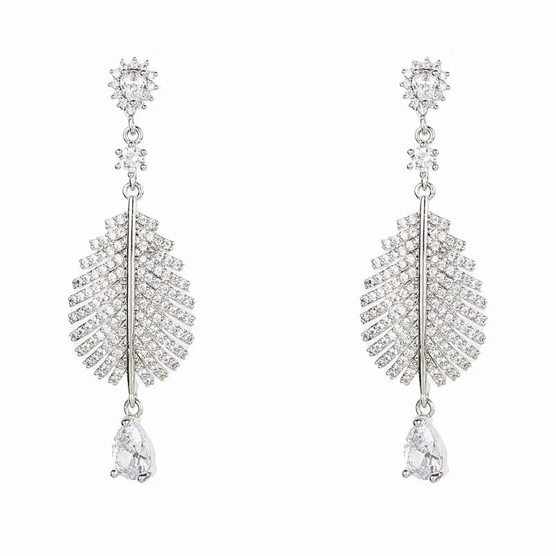 Bilincolor Silvery  Leaf  Zircon Tassel Earrings  for Women