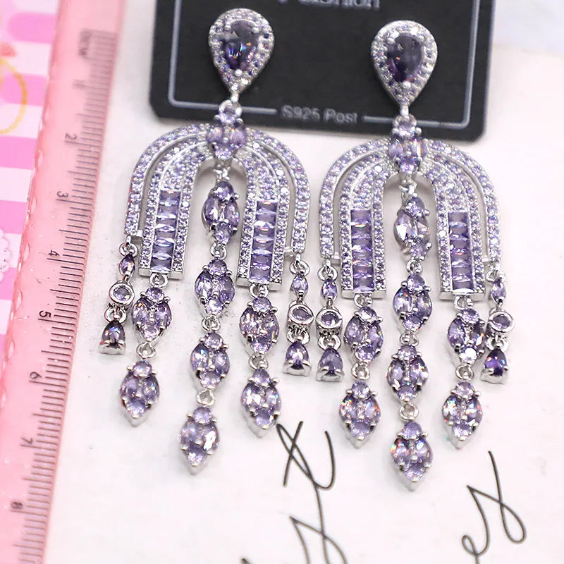 Bilincolor Micro Set Ppurple Zircon Tassel Earrings for Women