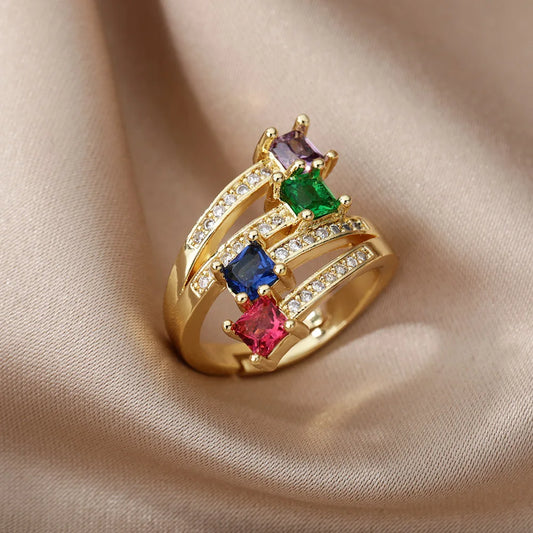 Colored Square Zircon Rings for Women Gold Plated Adjustable Stainless Steel Ring 2024 Trend Luxury Aesthetic Jewelry anillos