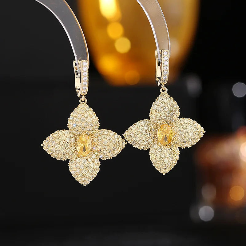 Bilincolor Luxury Zircon Four Leaf Flower Earrings for Gift