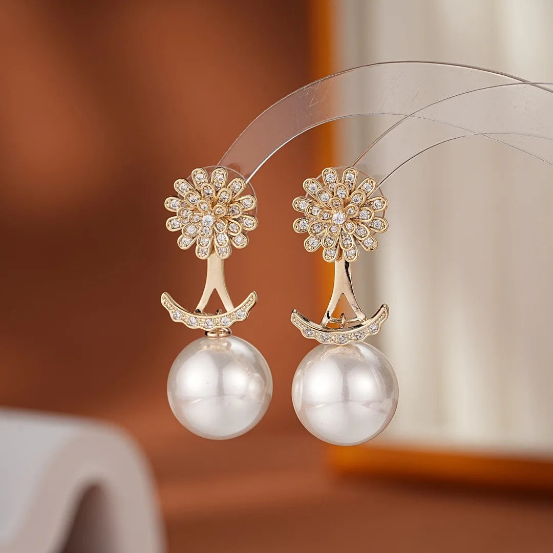 Bilincolor Light Luxury Micro-inlaid Zircon Flower Double-wear Pearl Earrings For Women