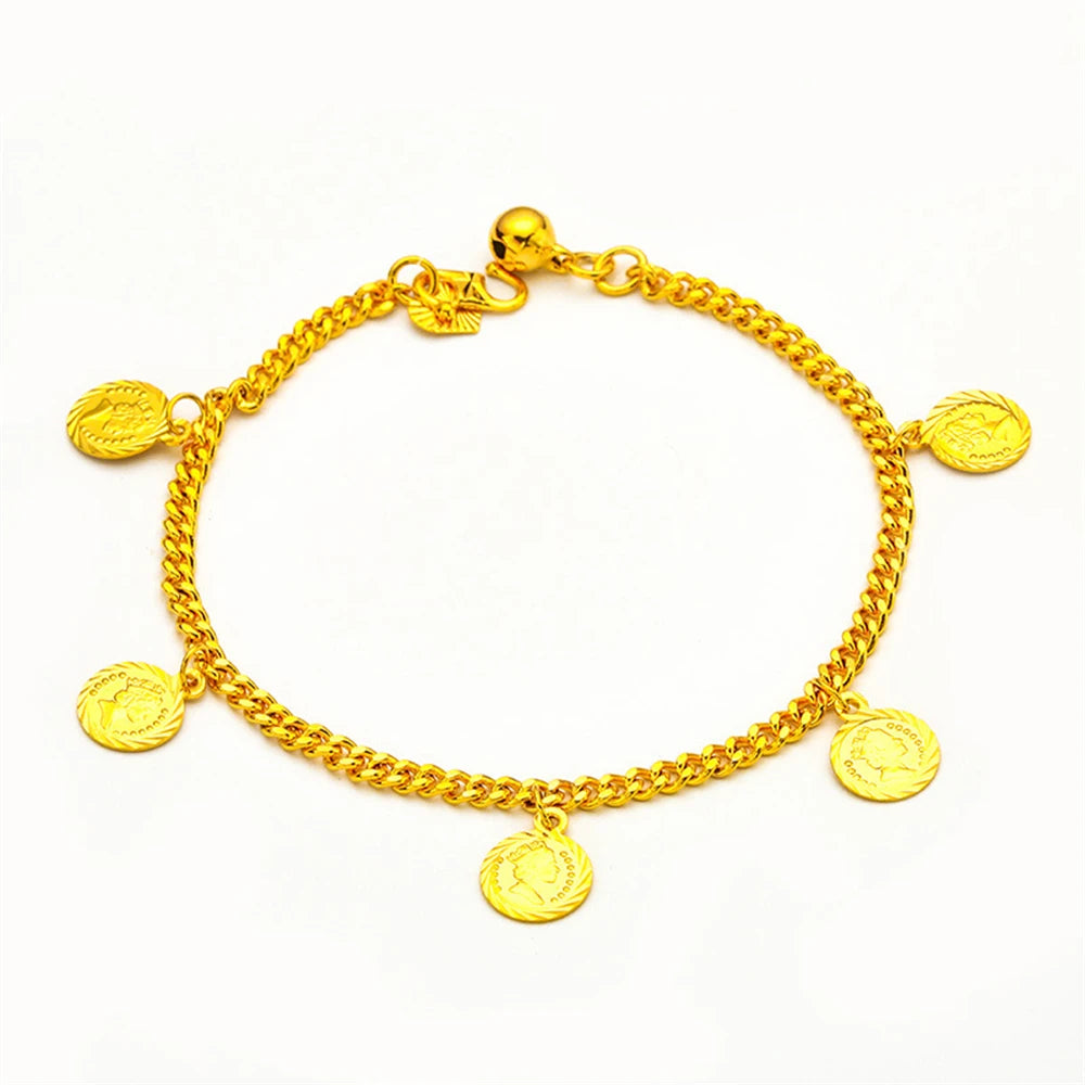 Women's Hand Bracelets Gold Color Round Coin Charm Bracelet Chain 18.5cm Pulsera Femme Wristband Retro Jewelry Accessories Gifts