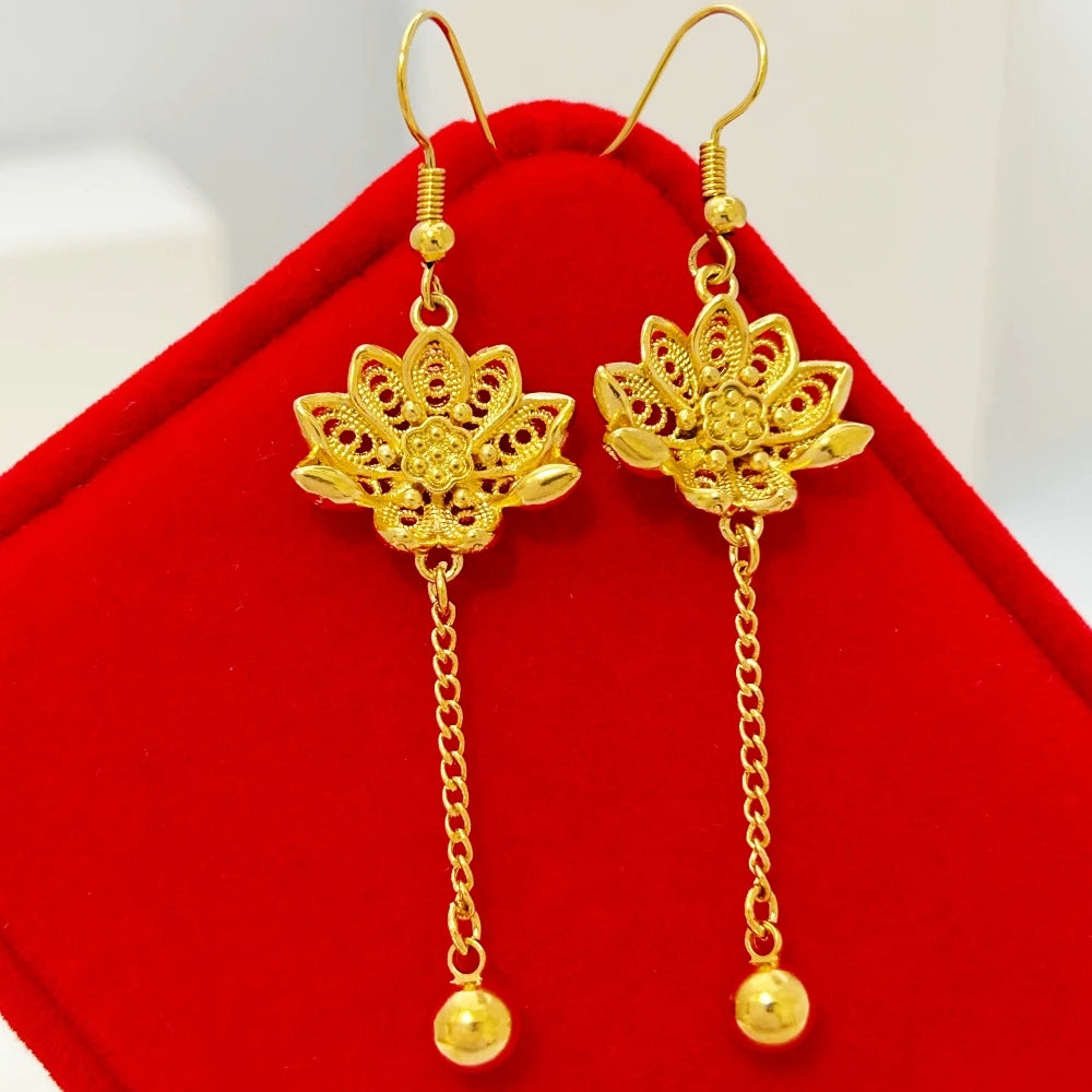 24k Gold Color Lotus Big Flower Long Tassel Earrings for Women Wedding Jewelry Accessories Wholesale Gifts