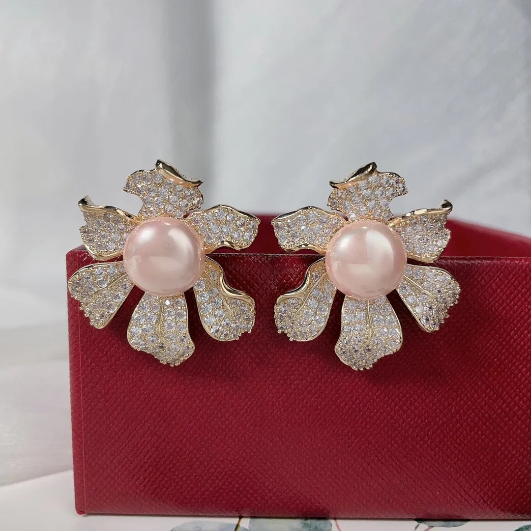 Bilincolor Fashionable, Elegant and Delicate Flower Pearl Studded Zircon Earrings for Christmas Gift