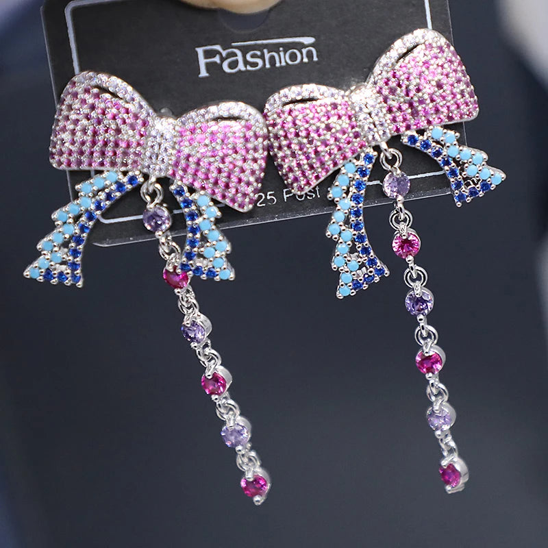 Bilincolor Sweet Bow Tassel Earrings Inlaid with Zircon for Women