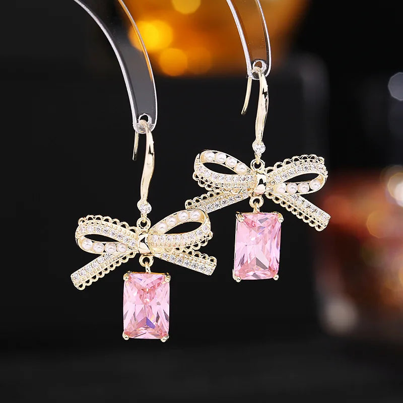 Bilincolor Light luxury zircon pearl Bow Earrings  for Wedding or Party