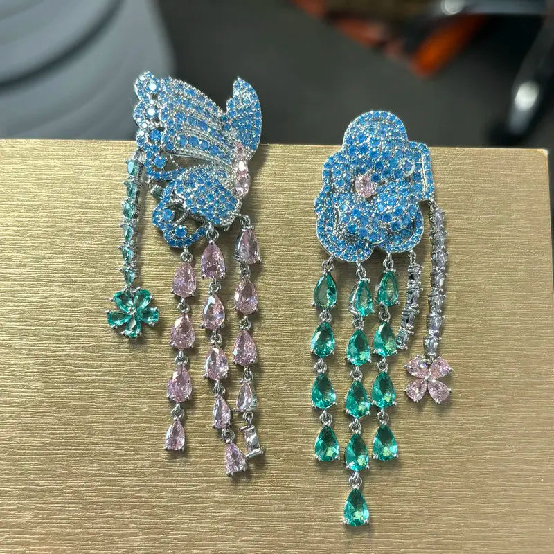 Bilincolor Luxury Zircon Butterfly Flower Tassel   Earrings for Wedding or Party